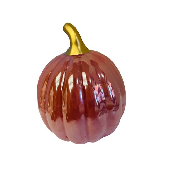 Ceramic Iridescent Pumpkin Figurine With Gold Stem 5" H x 4" W - Picture 2 of 5